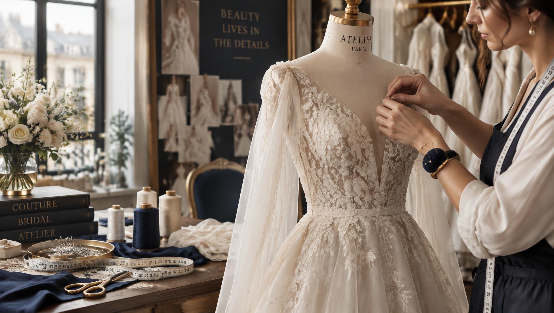 Expert tailor fitting an elegant lace wedding dress on a mannequin