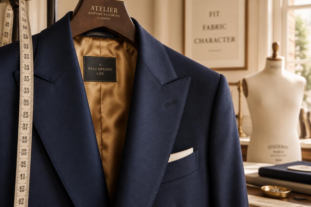 Navy bespoke suit jacket on a hanger in a tailoring atelier