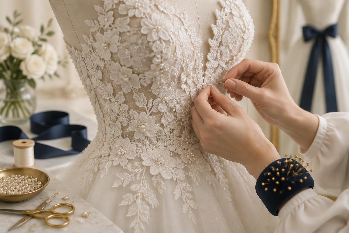 Detailed hand-sewing on a lace wedding dress